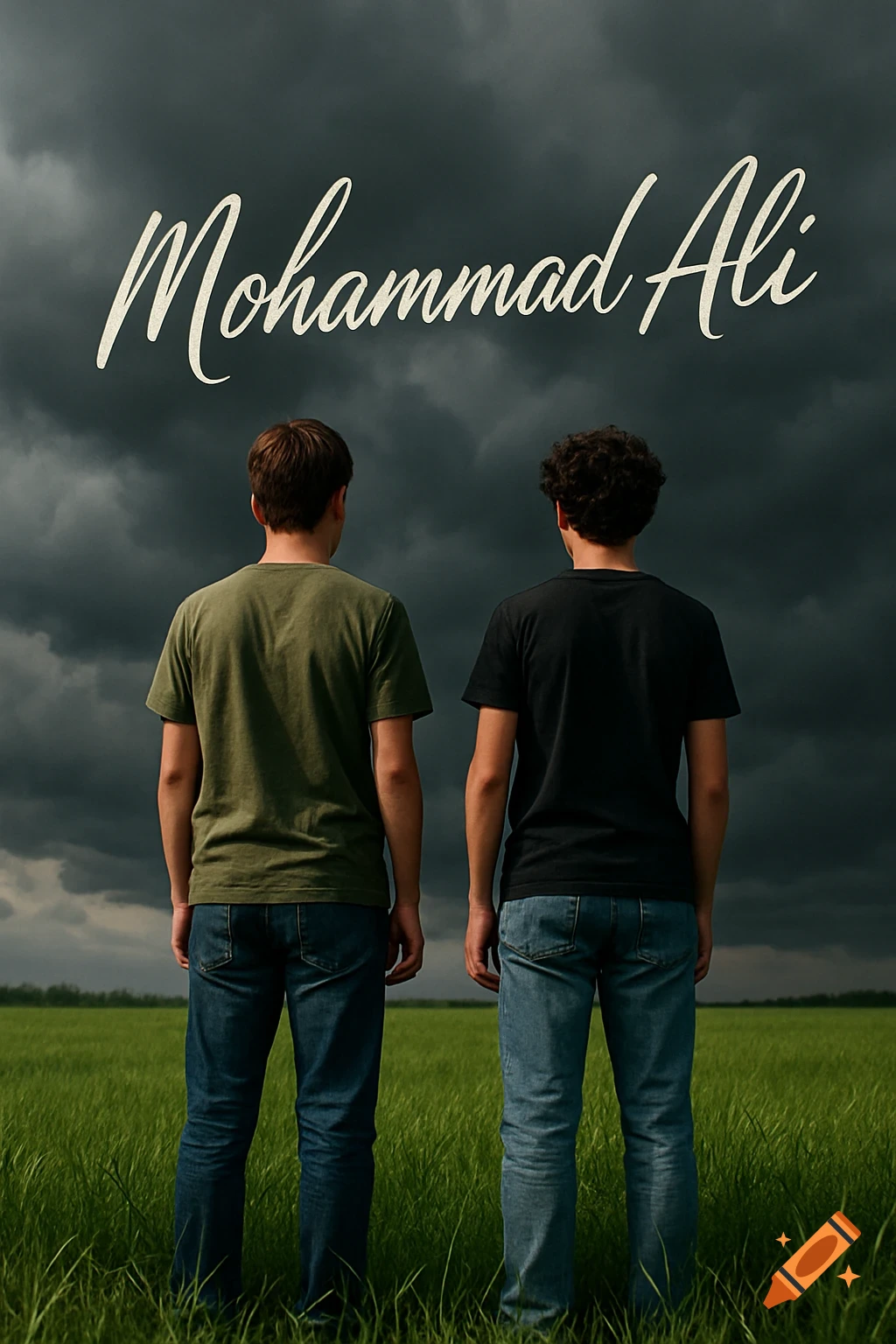Two teenage boys stand with their backs to the camera in a lush green field, looking at a stormy sky with 'Mohammad Ali' written in white cursive.