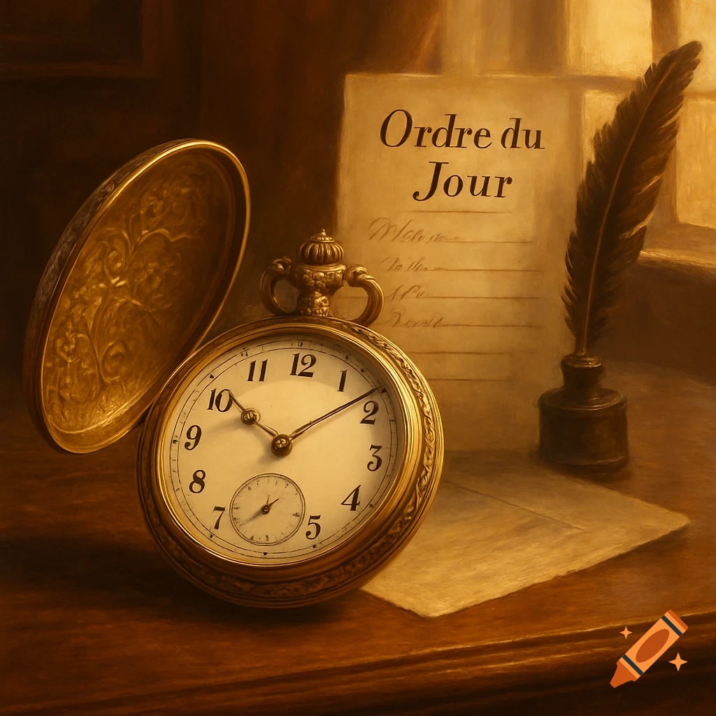 A vintage gold pocket watch, an old document titled 'Ordre du Jour', and a feather quill with ink on a wooden table.