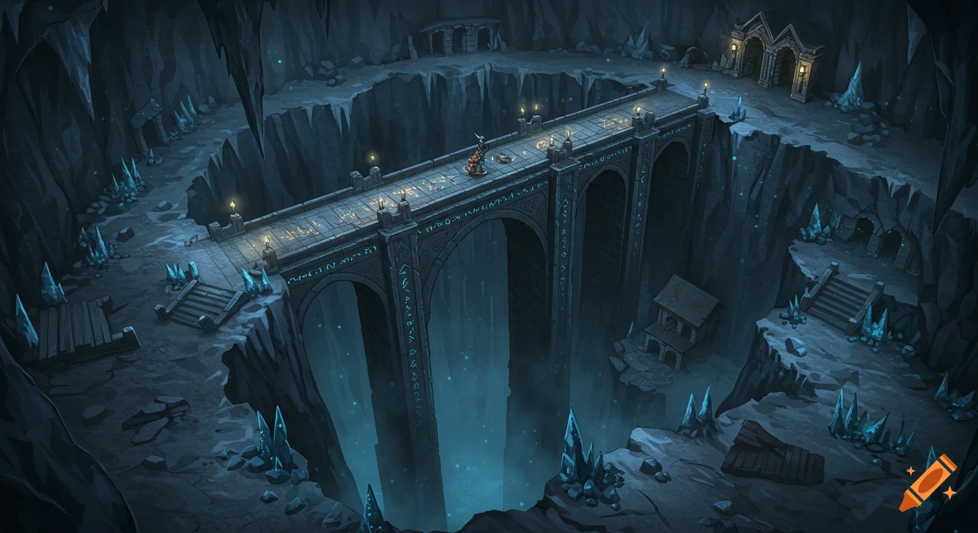 A top-down fantasy battlemap of a large stone dwarven bridge spanning a deep, dark underground chasm lined with icy crystals and abandoned homes, under dim light.