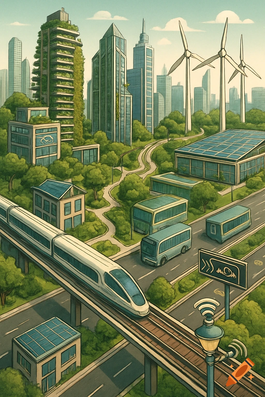 An eco-friendly cityscape with green buildings, solar panels, wind turbines, an elevated train, and buses.