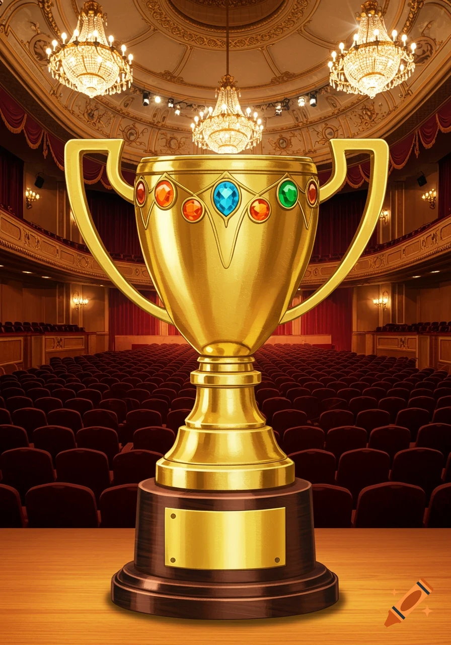 A golden trophy adorned with colorful gems sits on a wooden base with a blank plaque, set against an elegant theater with red seats and chandeliers.