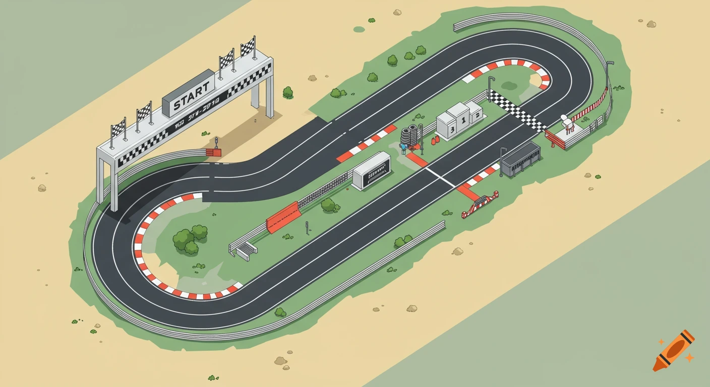 An isometric vector illustration of a minimalist race track with a start gate, winding turns, a pit stop area, and a finish line with a podium.