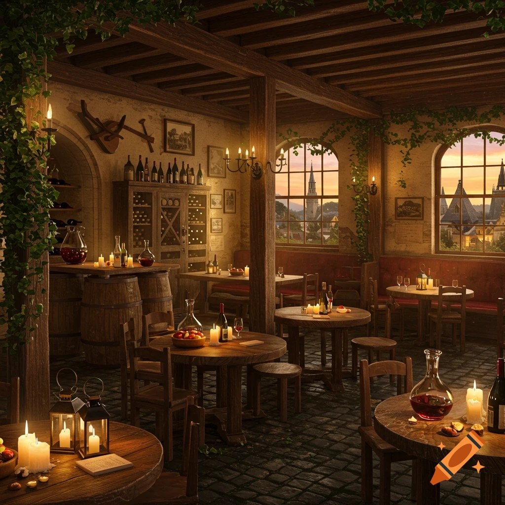 A cozy, old-fashioned wine tavern with wooden tables, barrels, glowing candles, and a view of a town at sunset through arched windows.