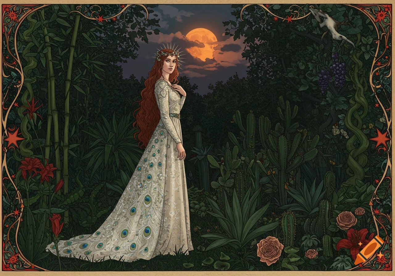 An illustrative painting of a red-haired woman in a white peacock dress ...