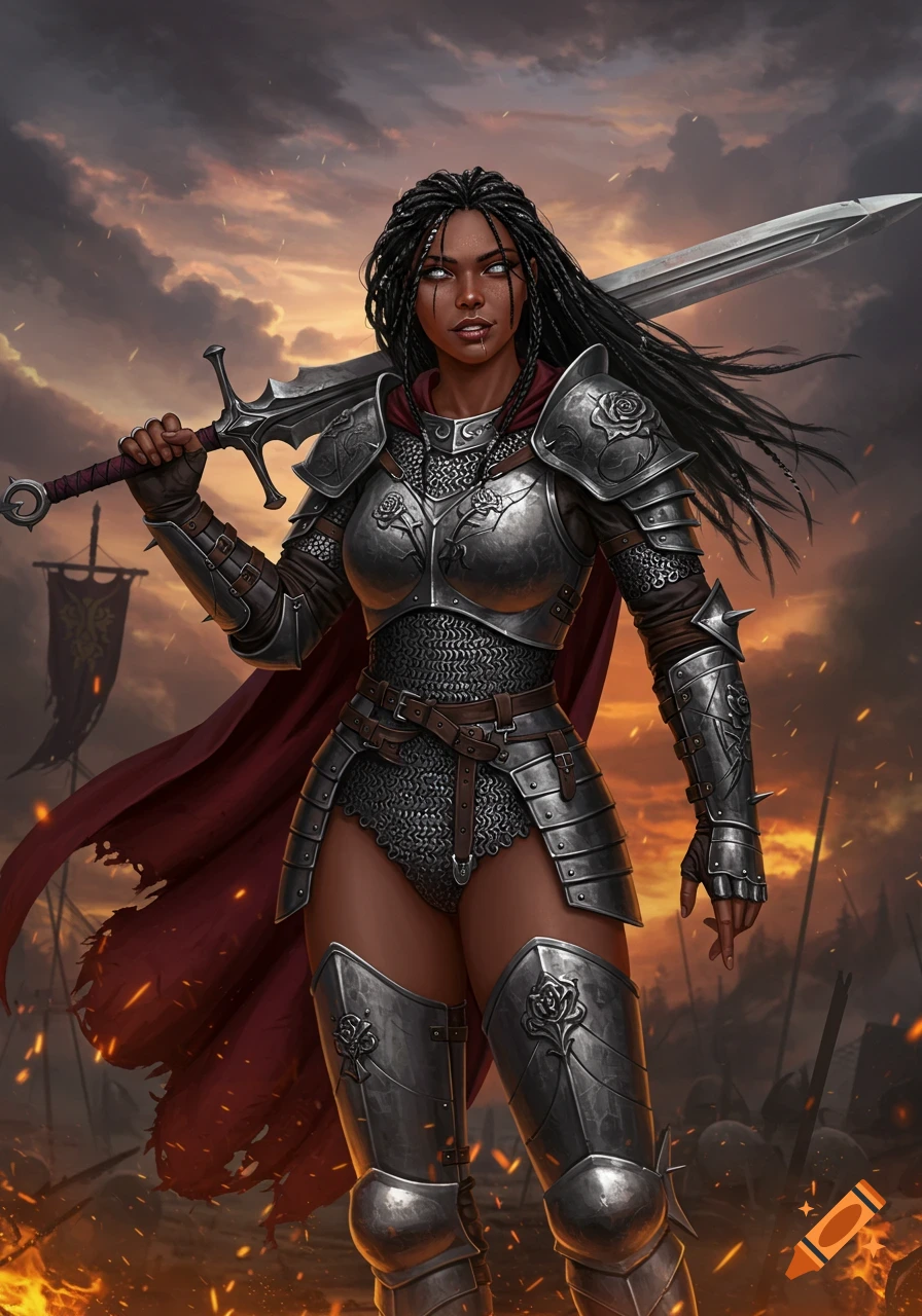 A dark fantasy illustration of a powerful female warrior with ...