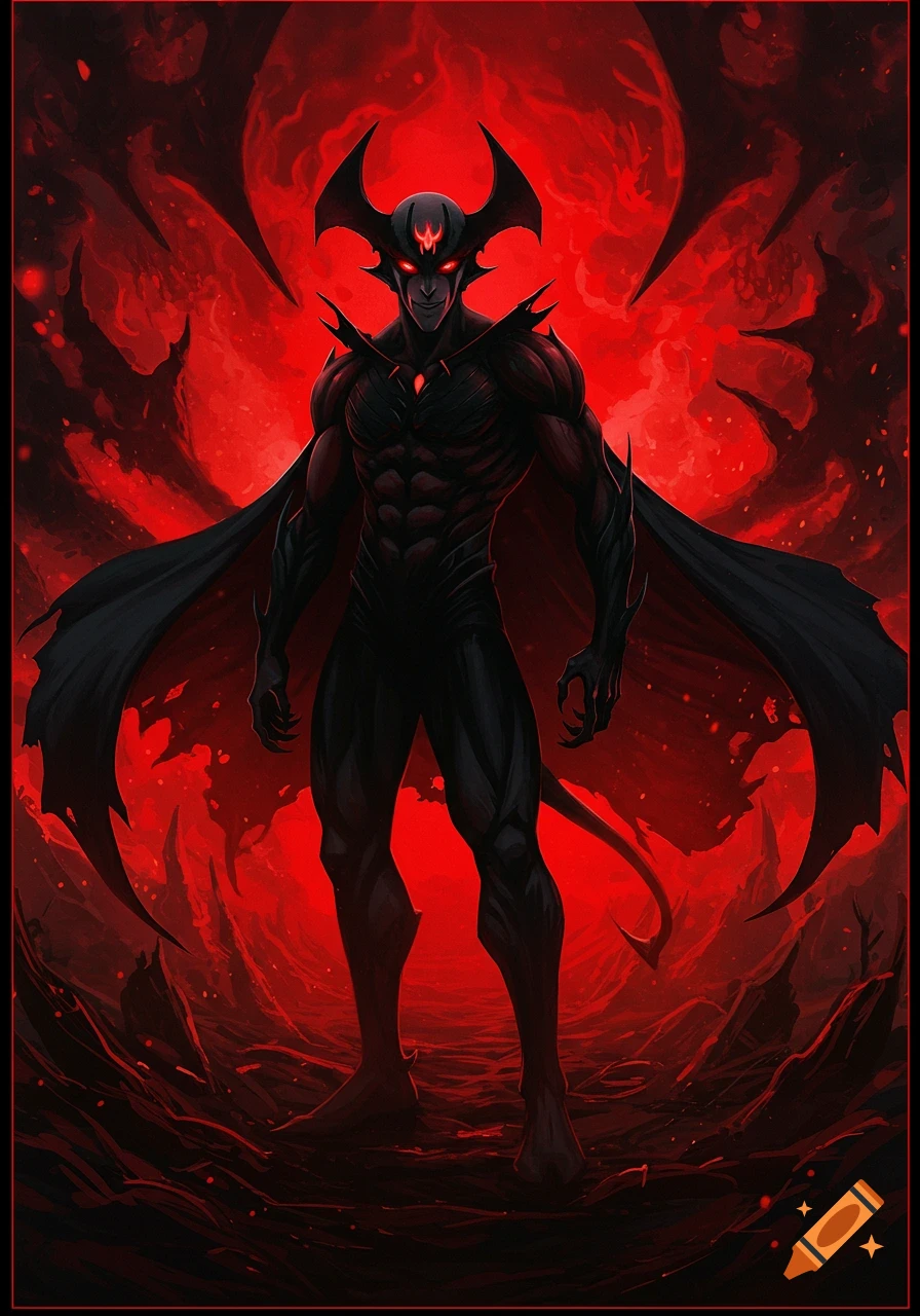 A muscular, dark-skinned demon with horns and a cape stands in a hellish red landscape under a giant red moon, in an anime style.