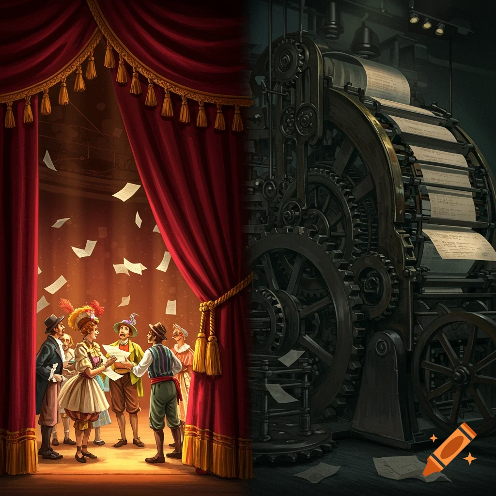 A split image showing a theater stage with actors and floating papers on the left, and a complex vintage printing press on the right.