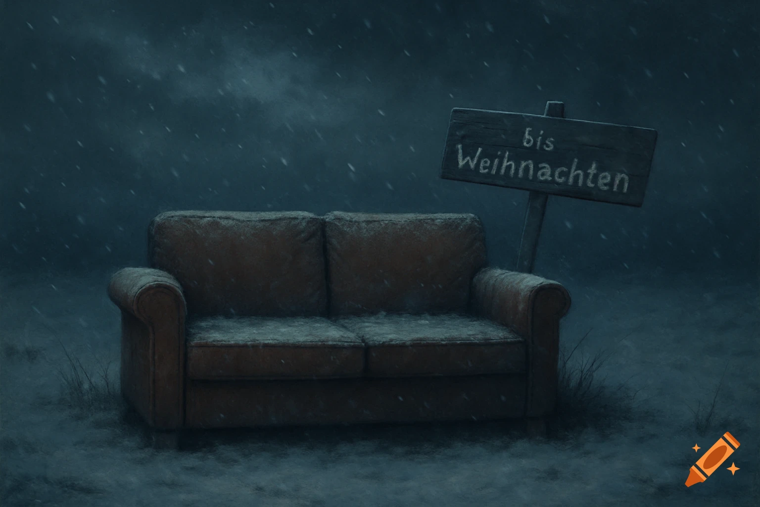 A desolate brown sofa sits in a snowy, dark landscape with a sign that reads 'bis Weihnachten' (until Christmas).