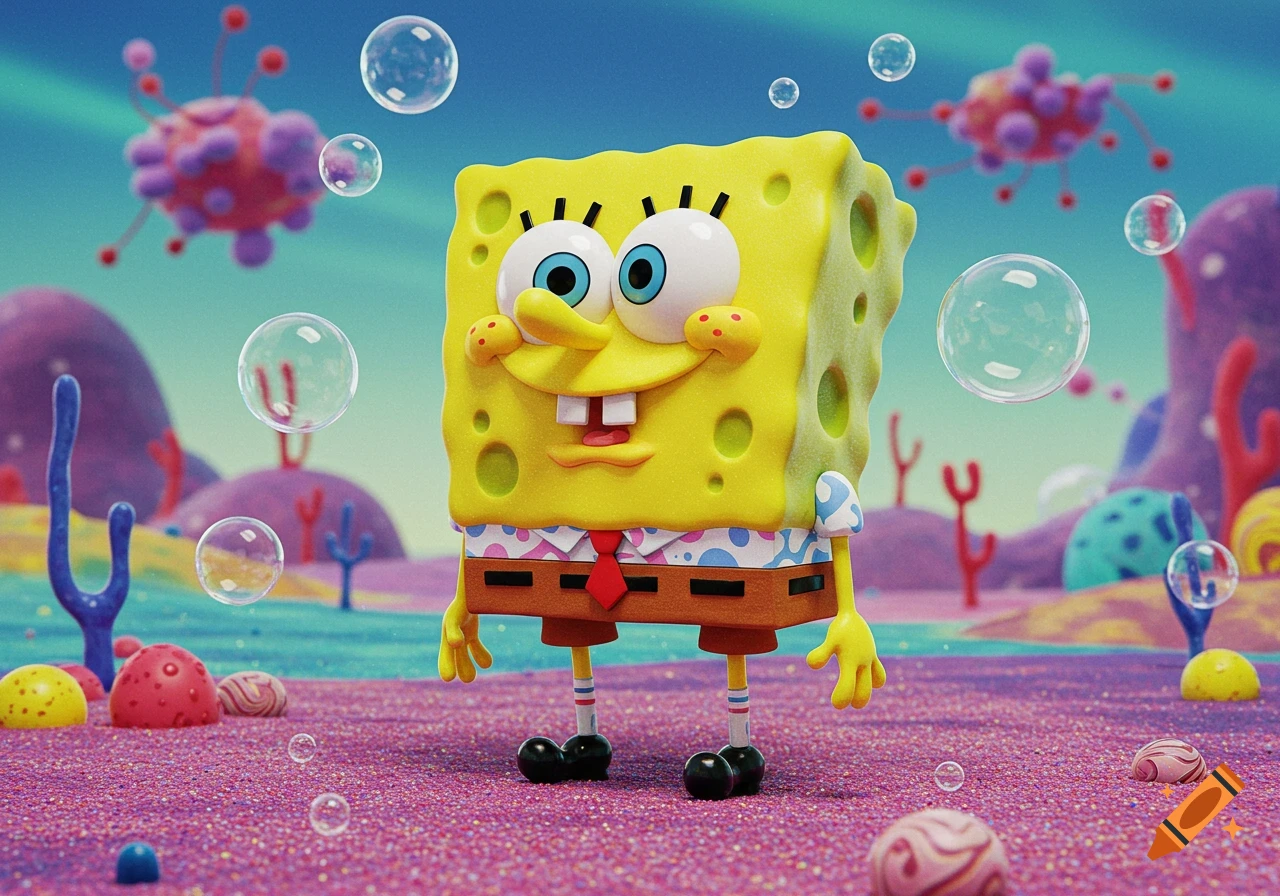 A whimsical 3D render of Spongebob Squarepants standing in a colorful, surreal underwater landscape with bubbles.