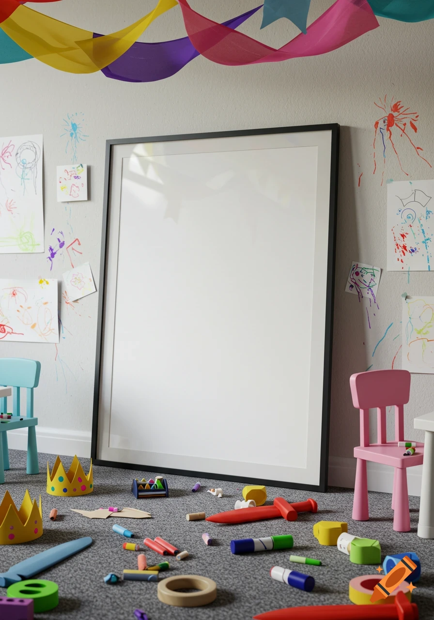 A photorealistic messy children's playroom with an empty black framed poster on a wall, scattered toys, and colorful streamers.