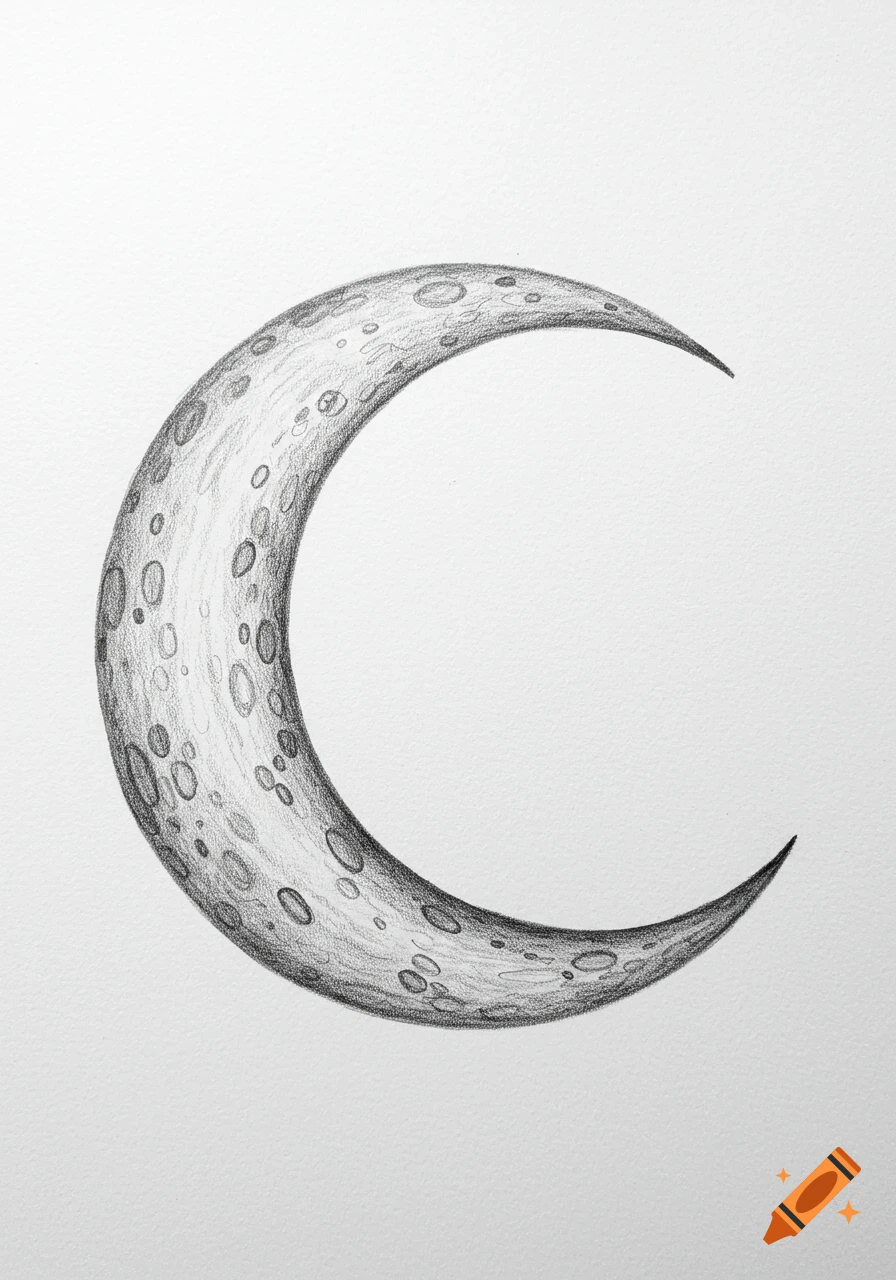 A detailed pencil sketch of a crescent moon with visible craters and texture, drawn on white paper.