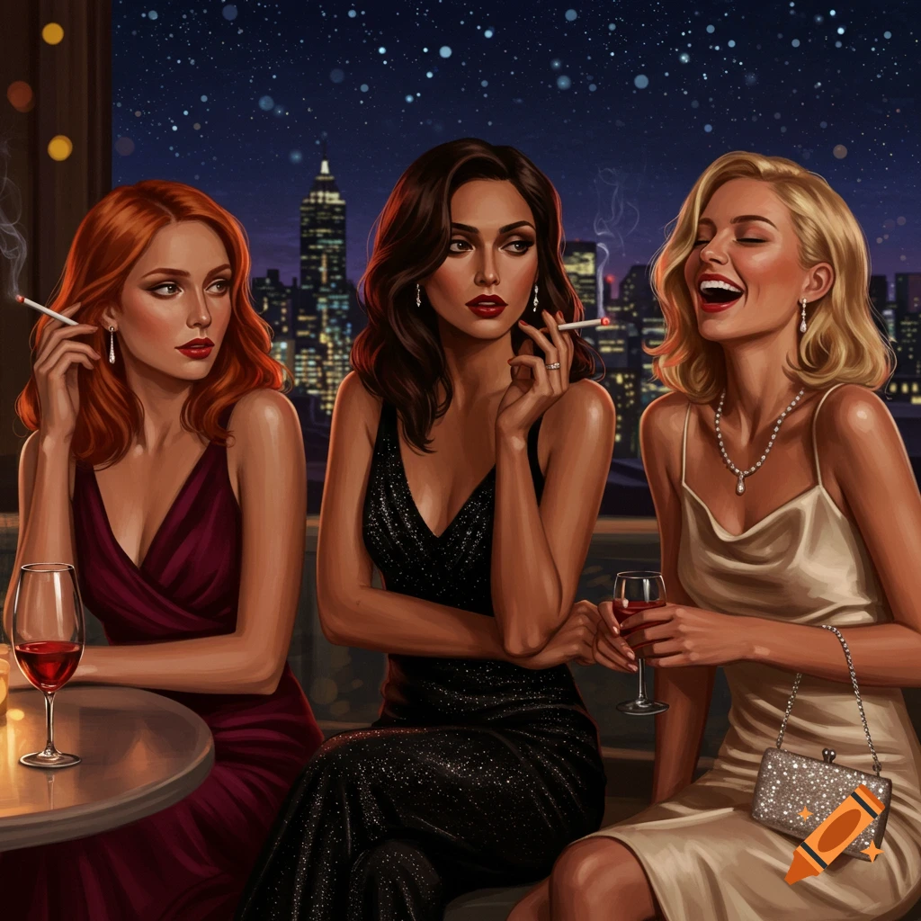 Glamorous illustration of three women in evening wear smoking and drinking on a rooftop bar with a city skyline at night.