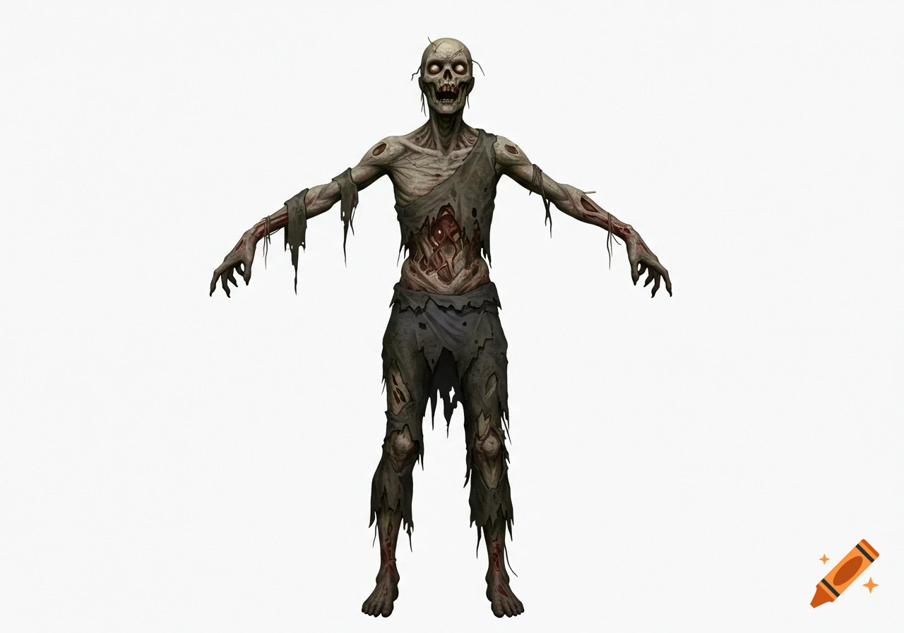 A t-posing zombie with exposed ribs and torn clothing stands on a white background.