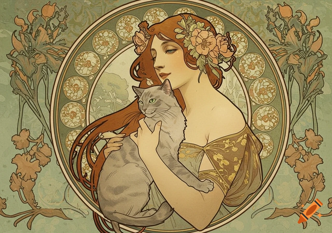 Art Nouveau illustration of a woman with long flowing hair, wearing flowers in her hair, holding a gray cat.