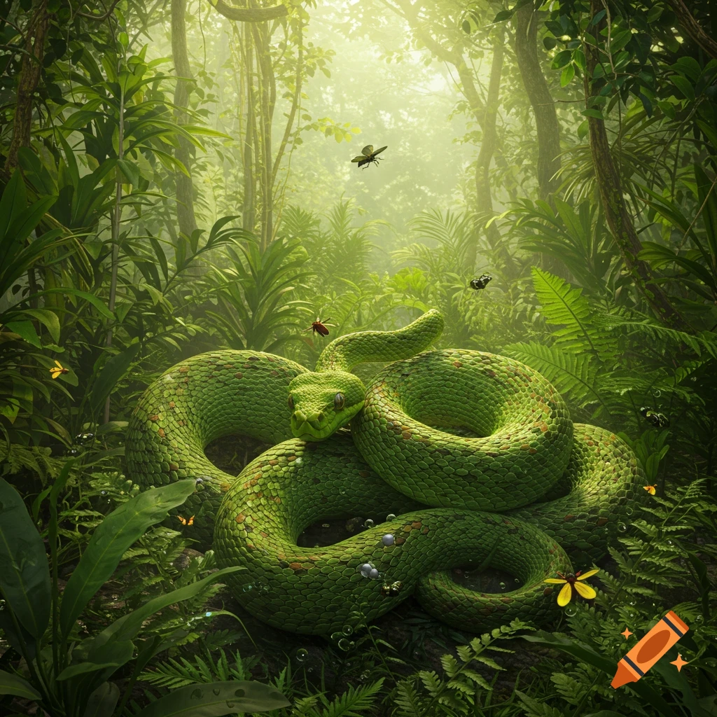A vibrant green snake coiled in a lush, sun-dappled tropical jungle ...