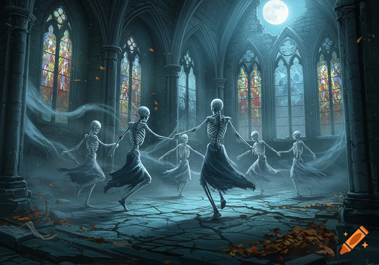 Skeletons in flowing robes dance in a ruined gothic hall under a bright full moon, with stained glass windows.