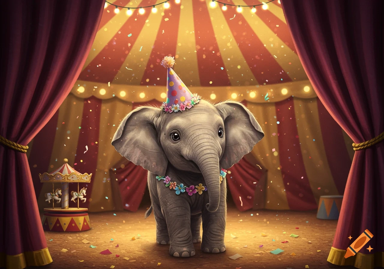 A cute baby elephant in a party hat and flower garland stands in a circus tent with confetti.