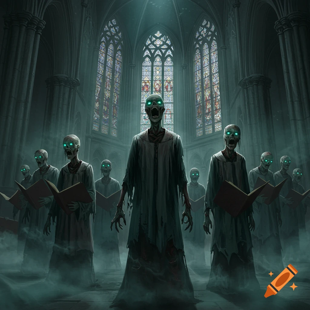 A choir of green-eyed zombies in tattered robes sing from books inside a dark, misty gothic church with stained glass windows.