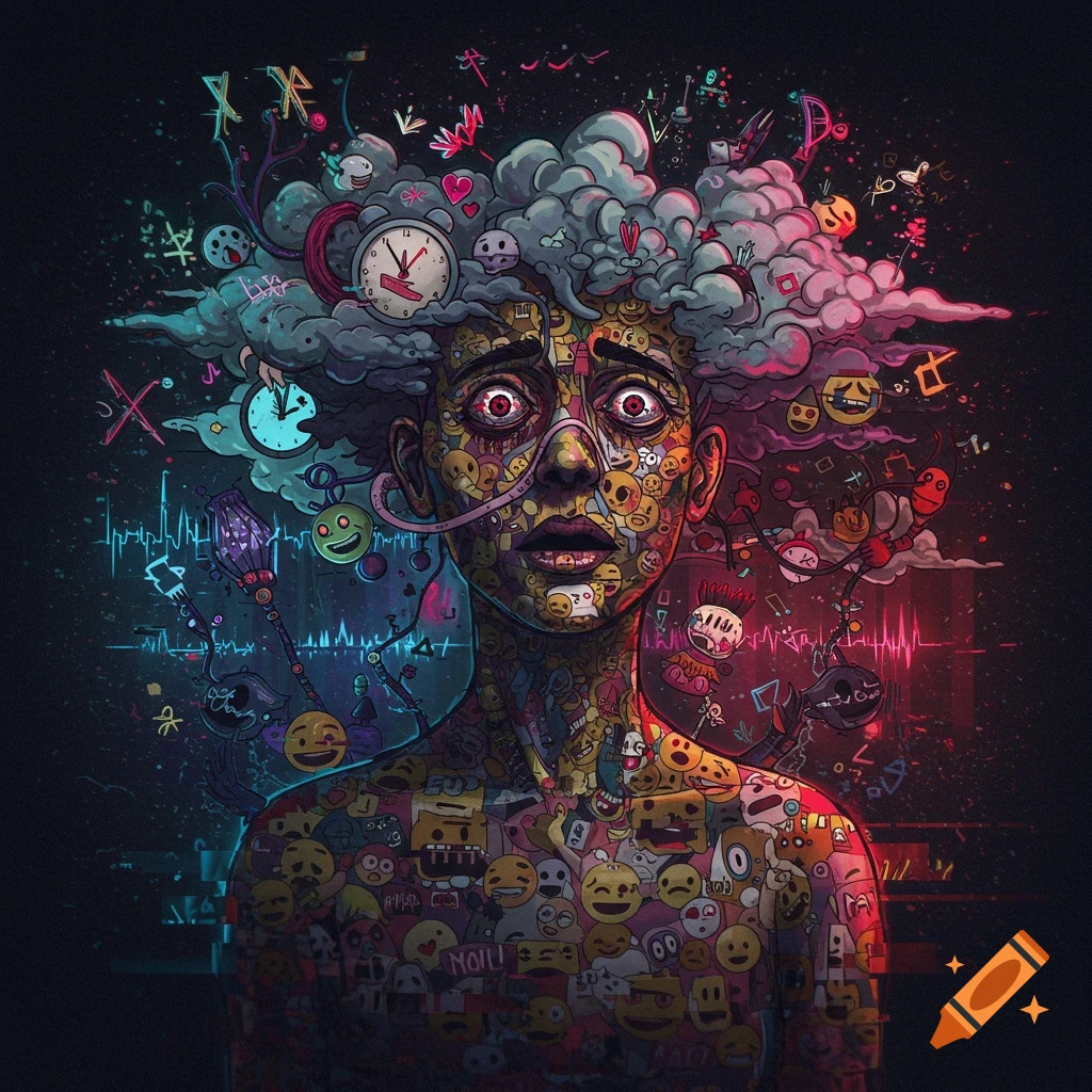 A surreal, vibrant illustration of a person's head and shoulders covered in chaotic emojis and symbols, representing mental illness.