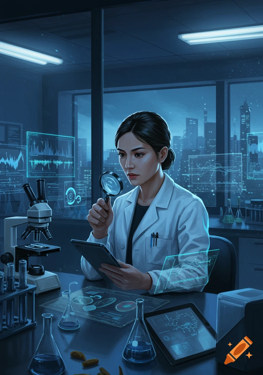 A female scientist in a lab coat examines a tablet with a magnifying glass in a futuristic lab at night, surrounded by equipment and holographic data.