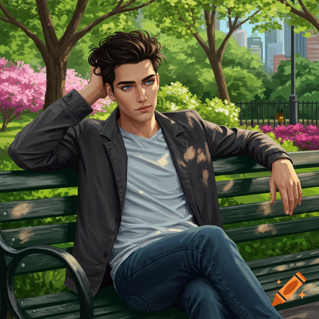A digital illustration of a young man with dark hair and blue eyes sitting on a park bench amidst trees and pink flowers.