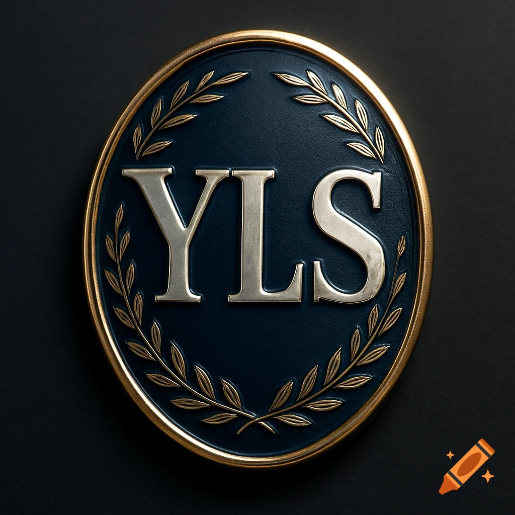 An ornate oval badge with a dark blue center, a gold border, a gold laurel wreath, and the silver letters 'YLS' in the middle.