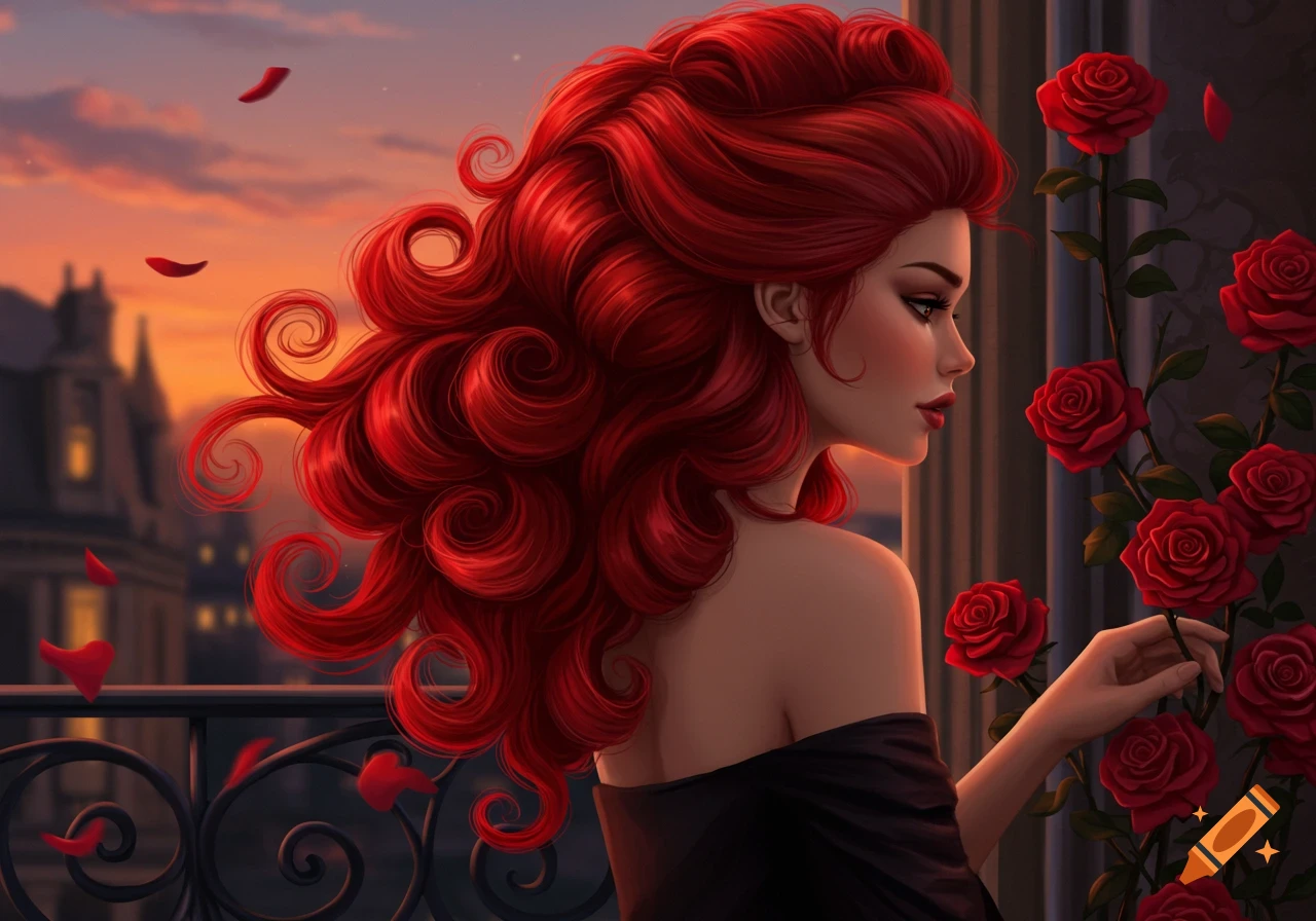 A woman with voluminous red curly hair on a balcony, touching red roses with a sunset and distant city in the background, digital art.