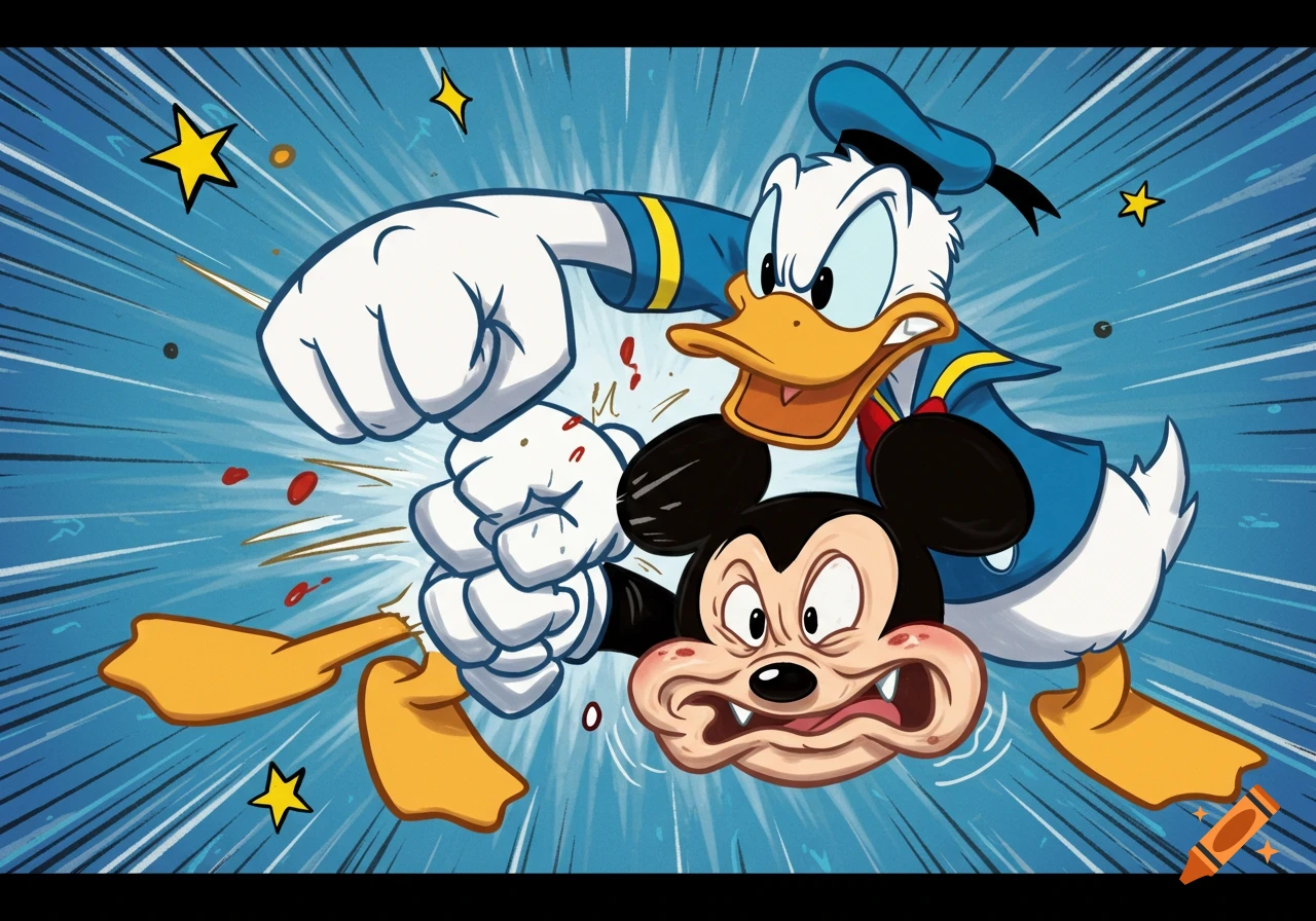 Donald Duck angrily punches Mickey Mouse in the face, crumpling Mickey's expression, in a dynamic cartoon style.