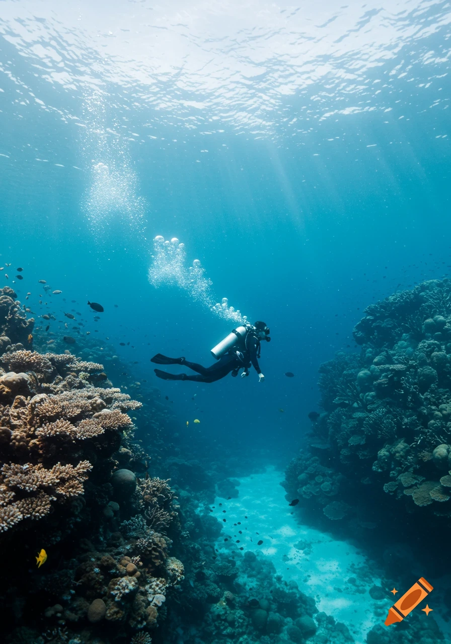 A scuba diver explores a vibrant coral reef in clear blue water with sun rays beaming from above.