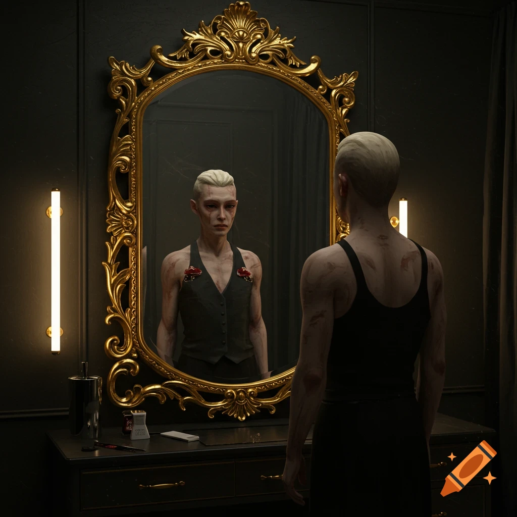 A person with pale hair and red marks on their skin looks into a gold ornate mirror, seeing a sad, gaunt reflection in a vest, in a dark room. Photorealistic style.