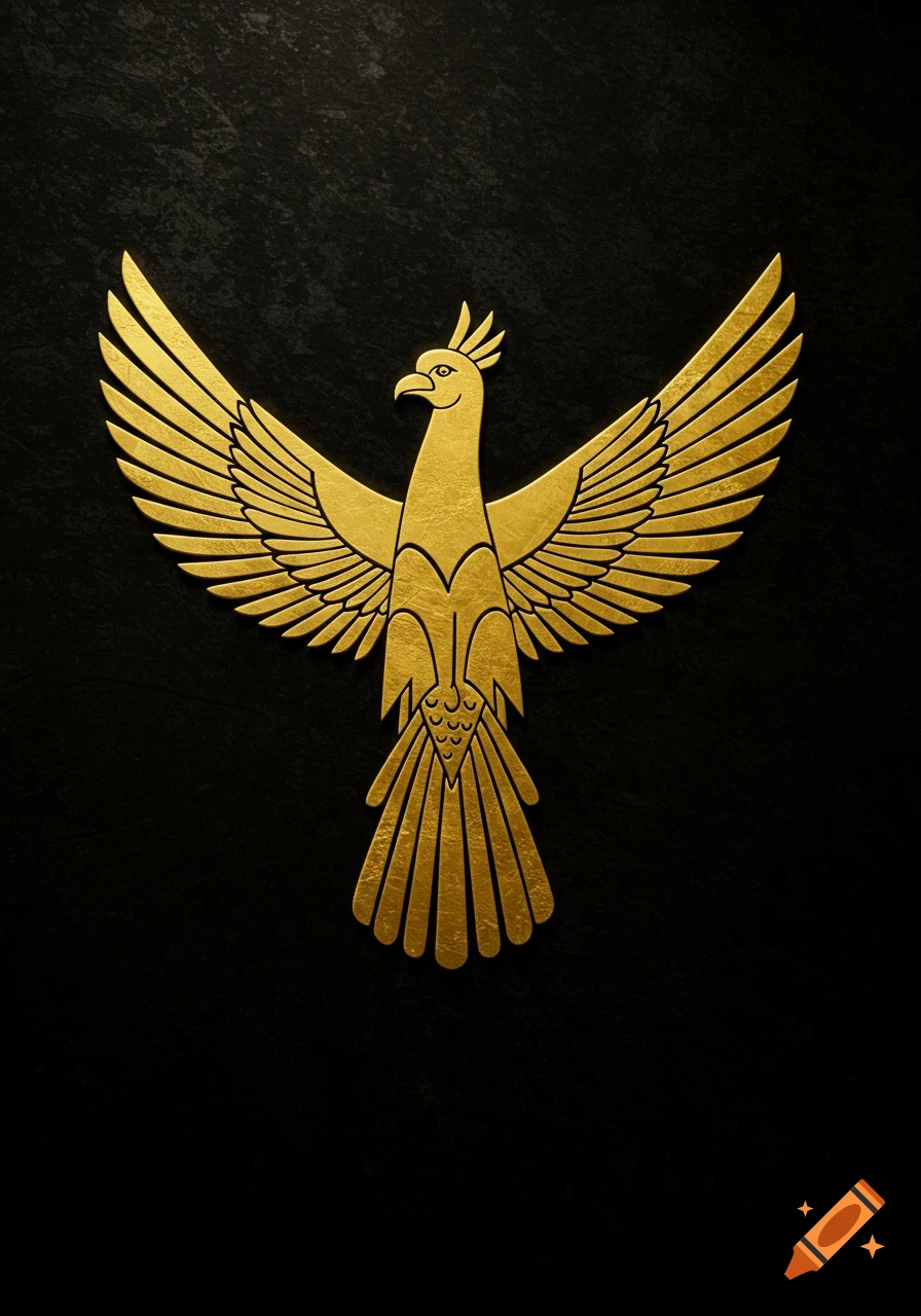 A stylized golden bird with spread wings, like an emblem, on a dark textured background.