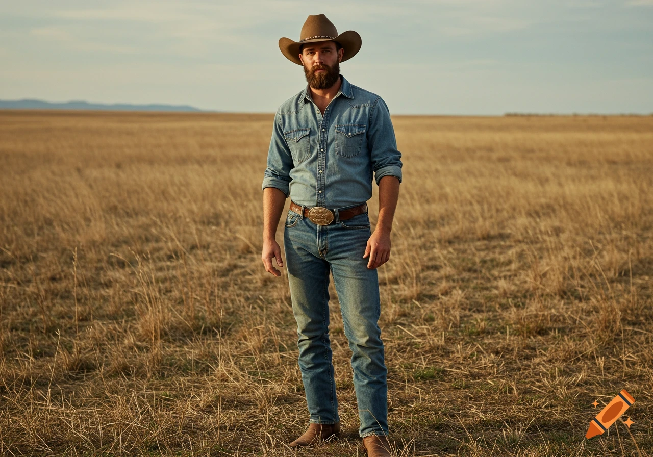 Photorealistic portrait of a bearded man in a cowboy hat, denim shirt, jeans, and boots, standing in a golden grassy field.