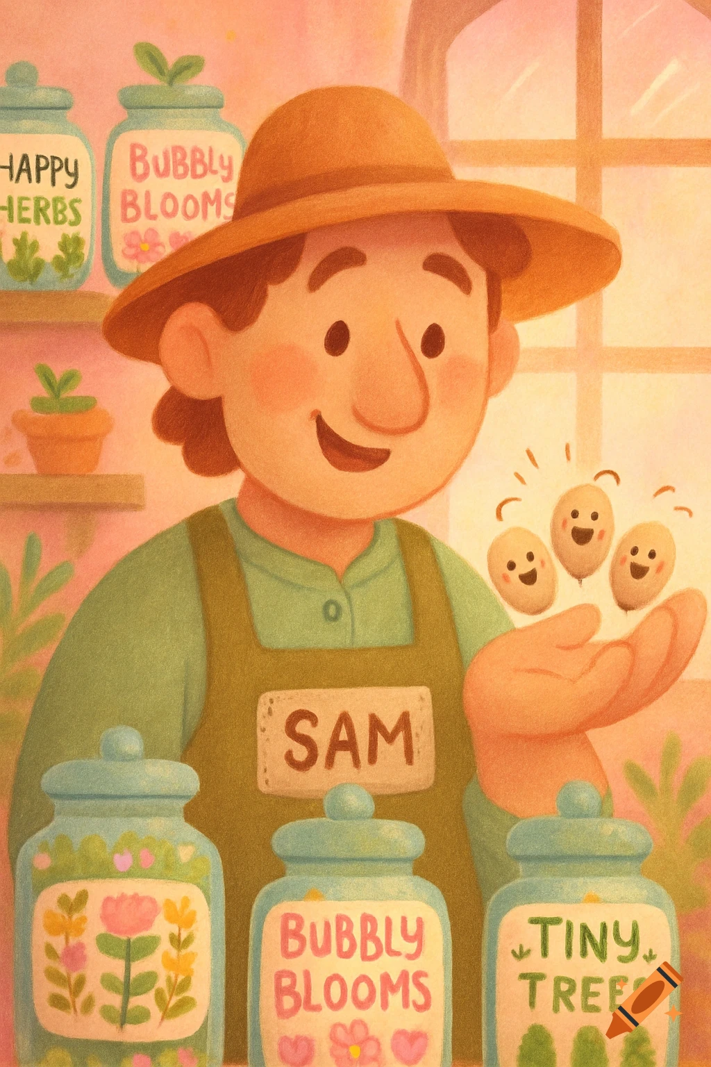 A cute, cartoony pastel illustration of gardener Sam holding three smiling seeds, surrounded by labeled jars in a cozy shop.