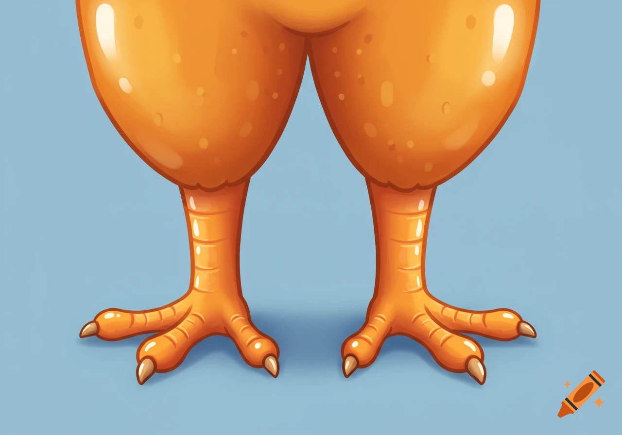 Cartoon illustration of a pair of orange chicken legs with three prominent toes and claws, standing on a light blue background.