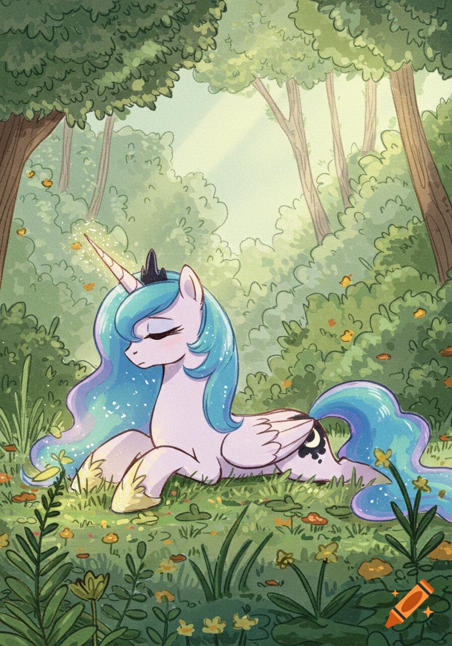 A whimsical, hand-drawn illustration of a unicorn with a blue and purple mane resting in a magical forest at dawn.