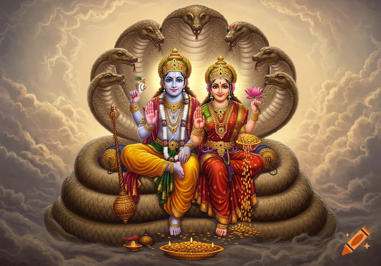 Hindu deities Vishnu and Lakshmi sitting on the coils of Sheshnaag, surrounded by clouds. Vishnu is blue-skinned, holding a conch, chakra, and mace, with one hand raised in blessing. Lakshmi wears a red sari, holding lotus flowers and pouring gold coins from a bowl, with one hand raised in blessing. Both are adorned with elaborate gold jewelry and crowns.