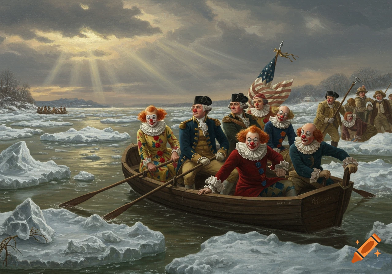 A classical painting parodying Washington Crossing the Delaware, with historical figures and clowns crossing an icy river in a boat.