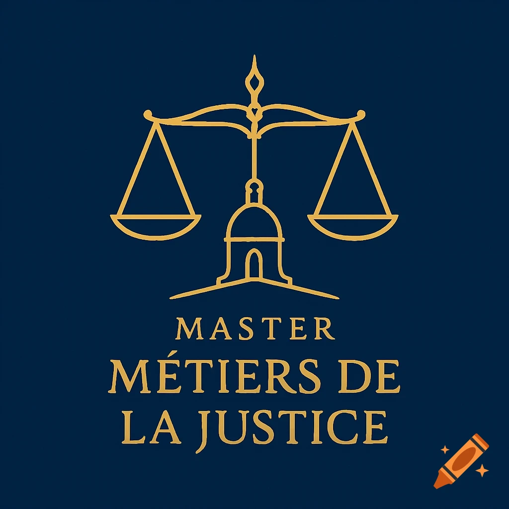 A gold line-art logo with scales of justice above a building, with the text 'MASTER MÉTIERS DE LA JUSTICE' on a dark blue background.
