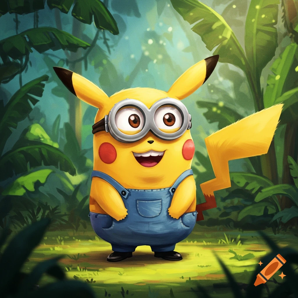 A yellow Minion-Pikachu hybrid wearing goggles and overalls, standing in a lush green jungle.