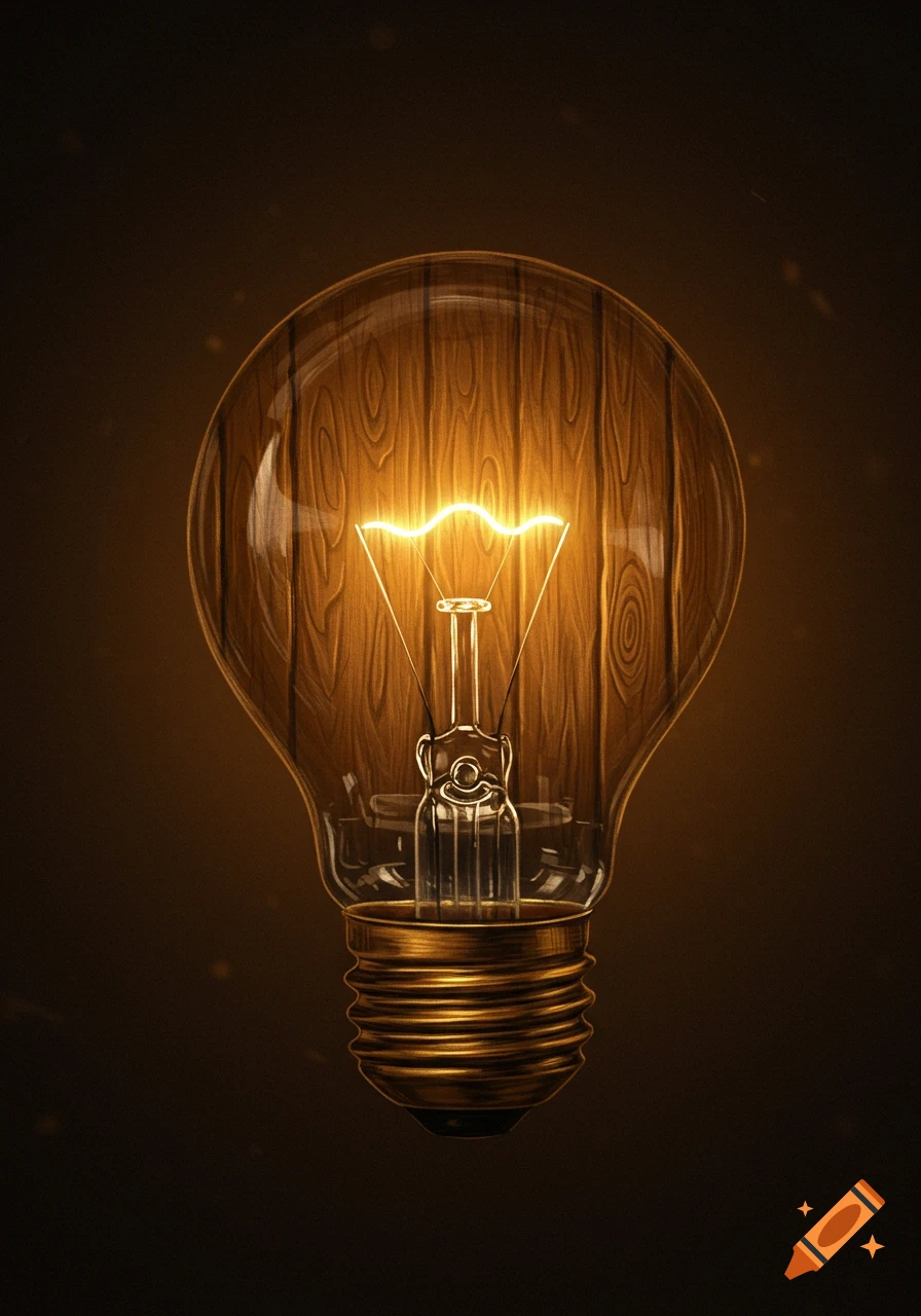 A glowing light bulb with a wooden texture inside, against a dark brown background.