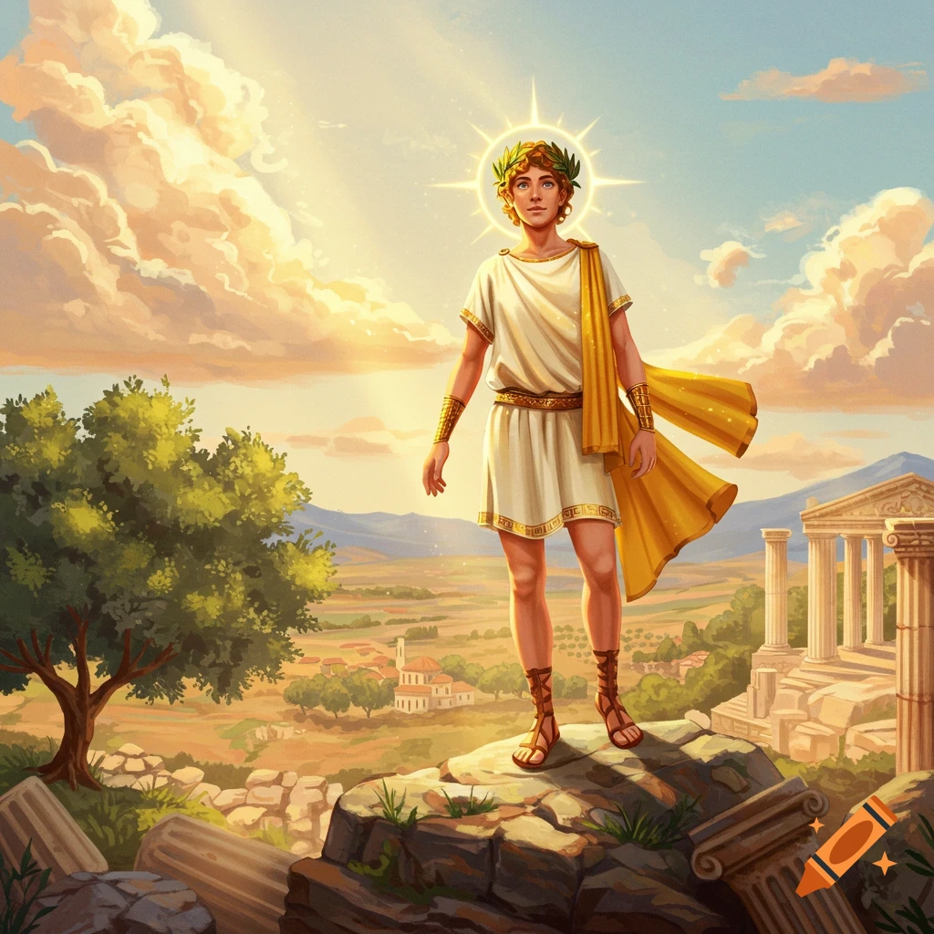 A young man with a laurel wreath and golden cape stands on a rocky hill overlooking an ancient Greek landscape with ruins, under a bright, cloudy sky.