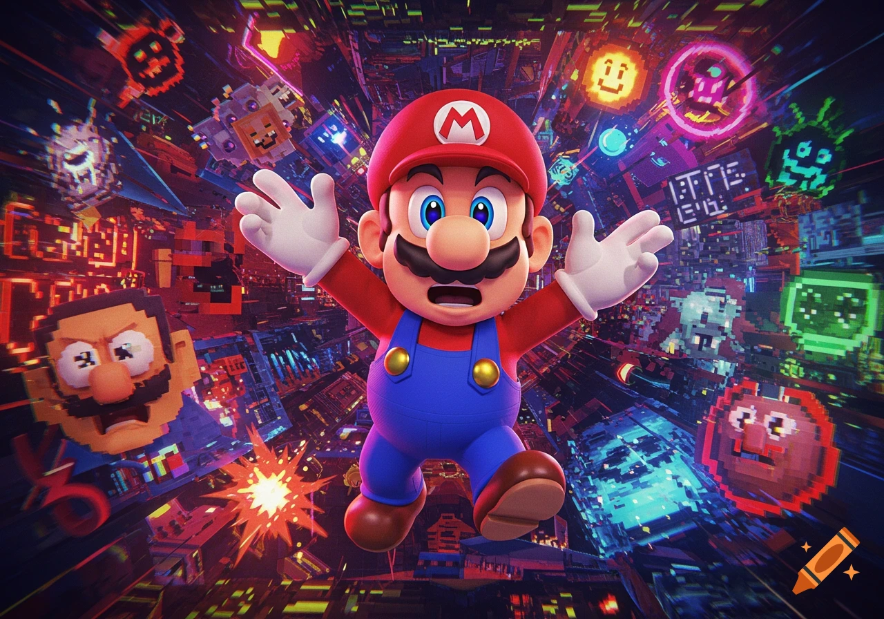 Mario in his classic red and blue outfit, arms outstretched, floating amidst a vibrant, pixelated digital void with various pixel art characters.