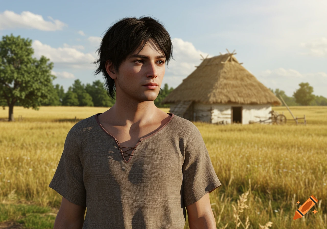 Photorealistic image of a young male peasant with dark hair standing in a golden wheat field, with a thatched hut in the background.