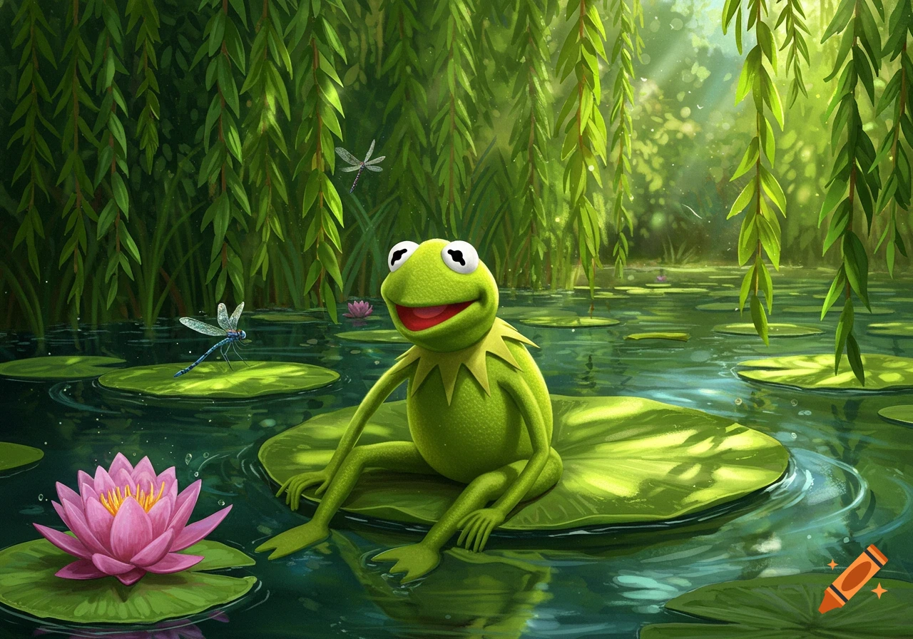 Kermit the Frog sits smiling on a large lily pad in a vibrant green pond with water lilies and dragonflies.