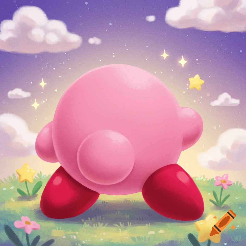 A cute stylized illustration of Kirby from behind, walking in a grassy field with flowers under a starry night sky with clouds.