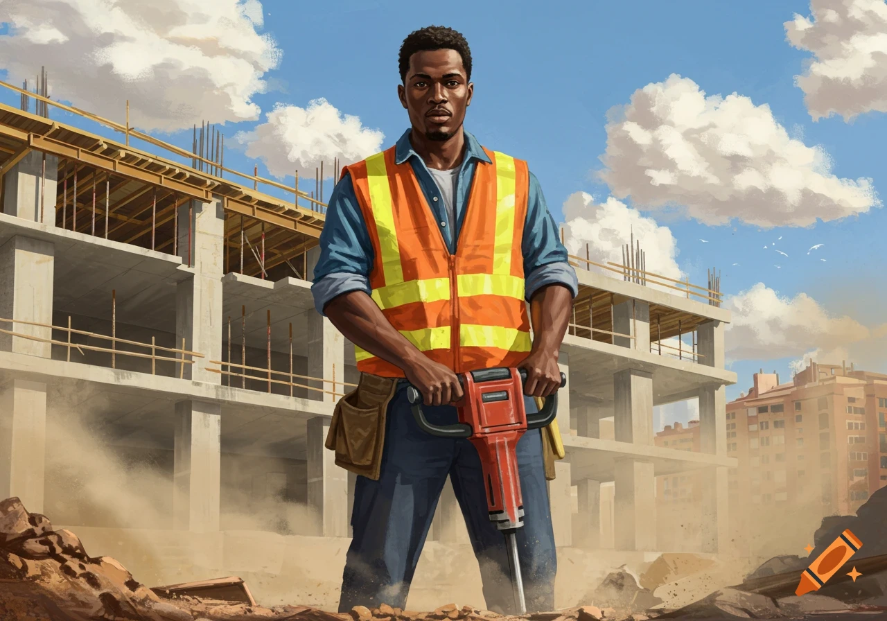 An illustrated Black construction worker in an orange vest holds a jackhammer at a dusty construction site with unfinished buildings under a blue sky.