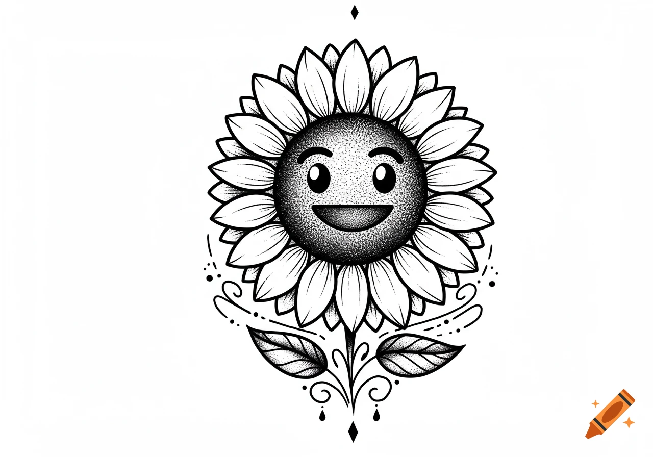 Black and white tattoo-style illustration of a sunflower with a smiling emoji face, surrounded by decorative elements.