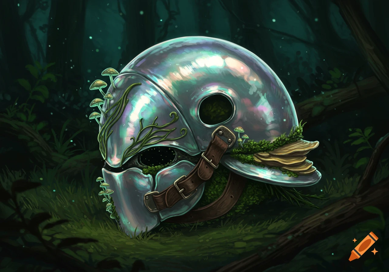 Iridescent fantasy helmet overgrown with mushrooms and vines in a dark, mossy forest, digital painting.
