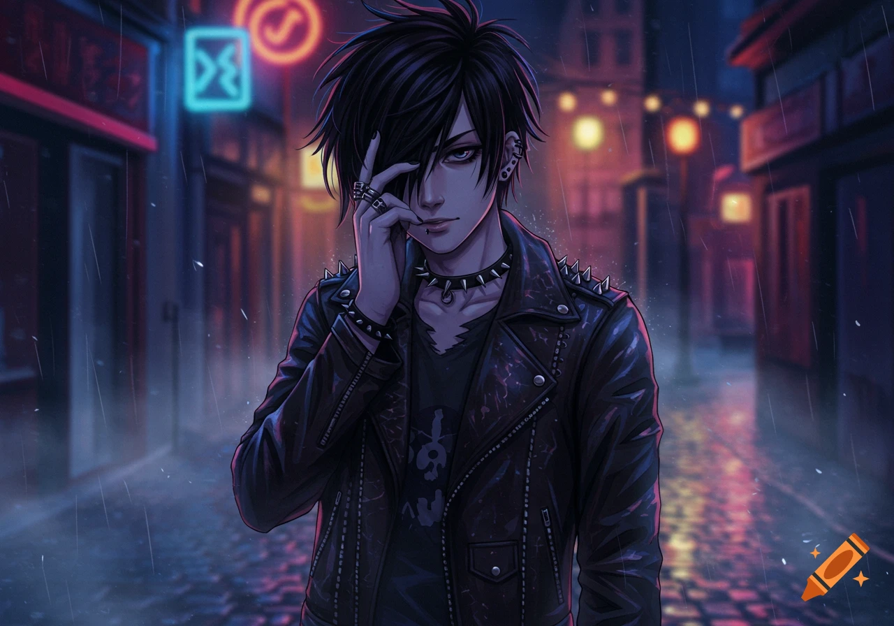 A moody anime emo boy with black hair and piercings, wearing a studded leather jacket, stands in the rain at night on a city street with neon signs.