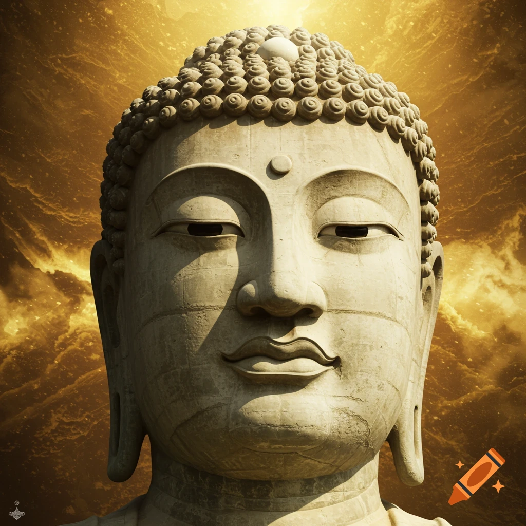Close-up of a serene stone Buddha statue bathed in golden, mystical light with a cloudy background.